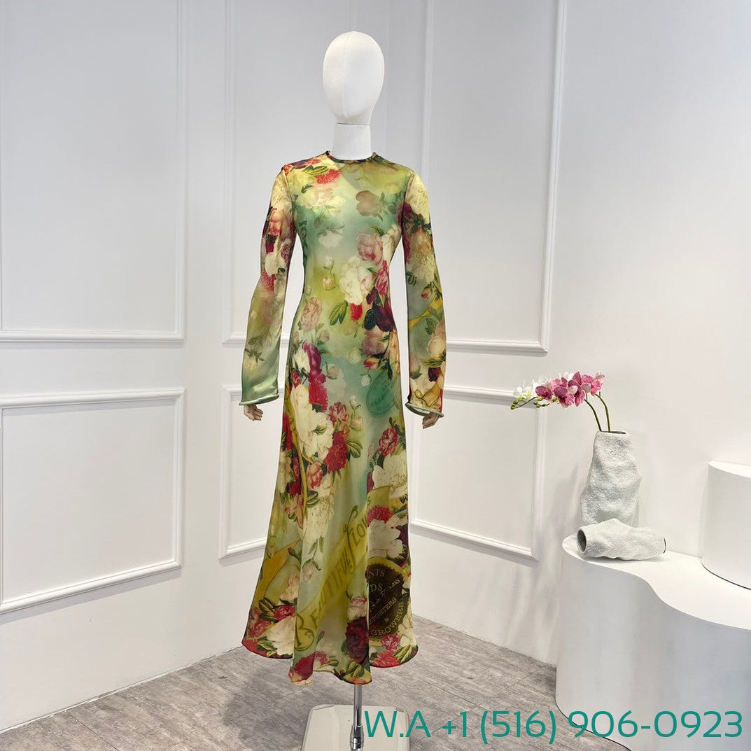 Zimmermann Wonderland Collection Peony Print Green Full Sleeve Long Dress