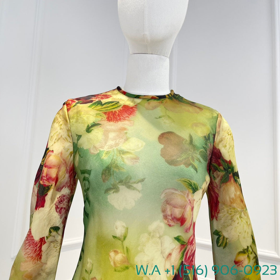 Zimmermann Wonderland Collection Peony Print Green Full Sleeve Long Dress