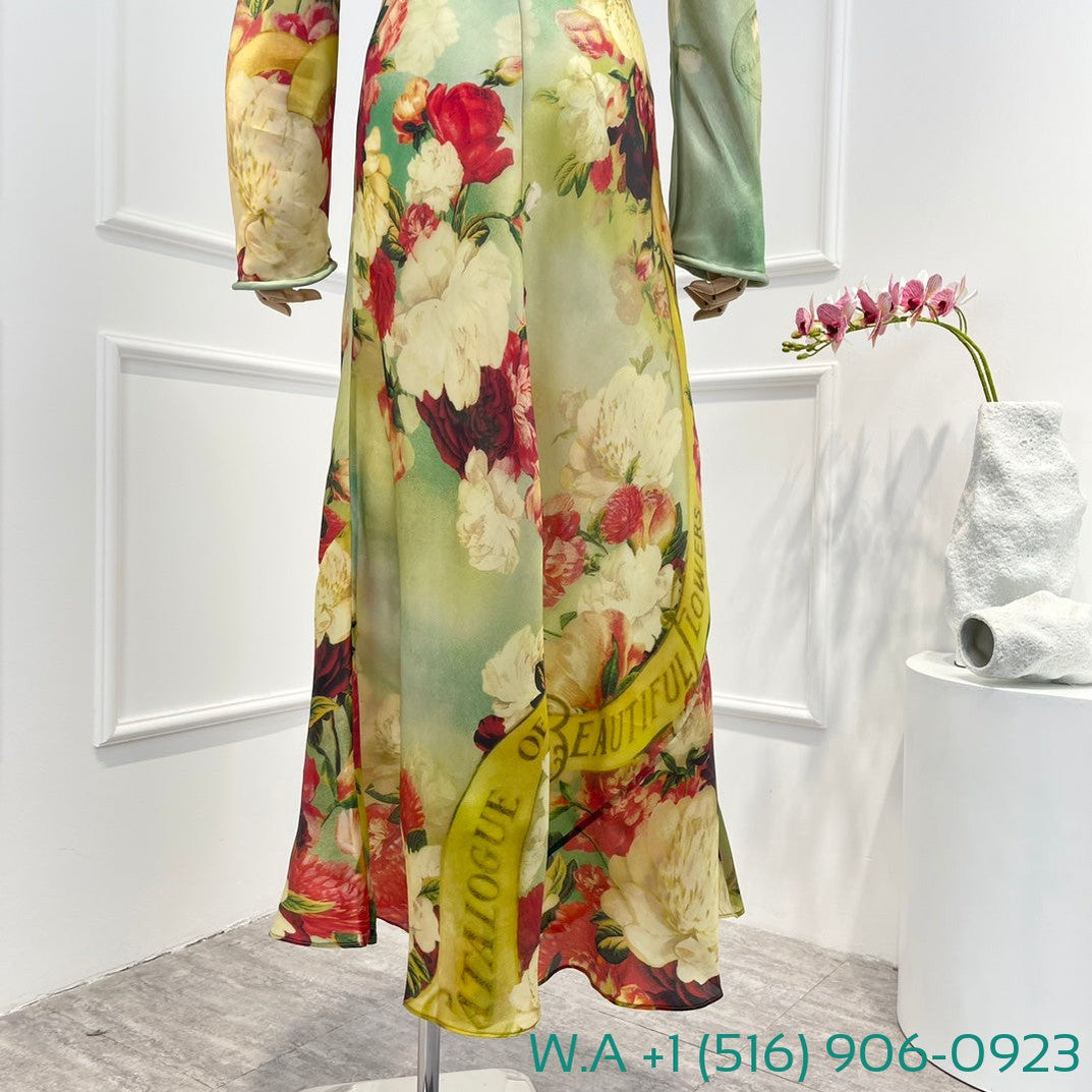 Zimmermann Wonderland Collection Peony Print Green Full Sleeve Long Dress