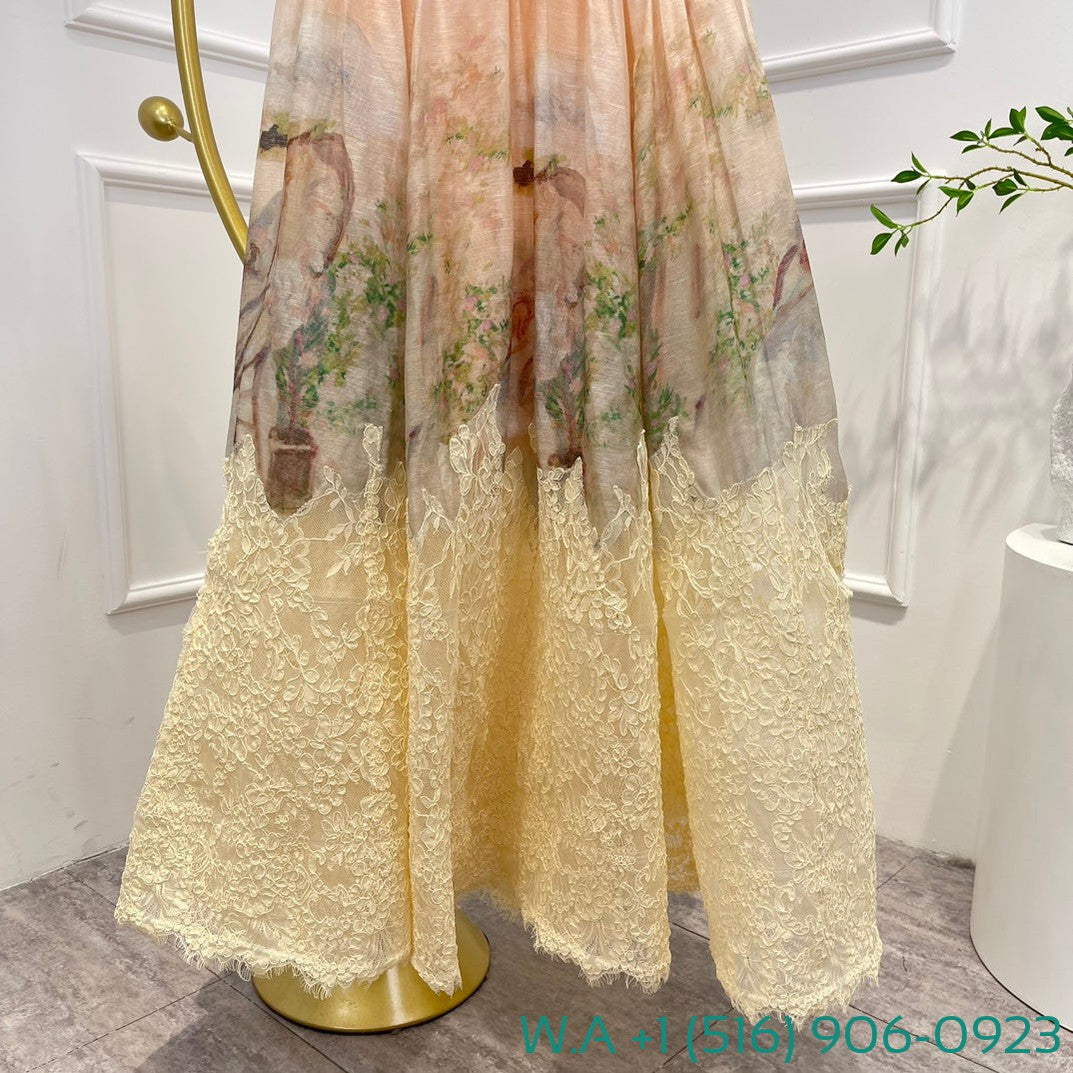 Zimmermann Beige Lace Patchwork Ruched Midi Skirt