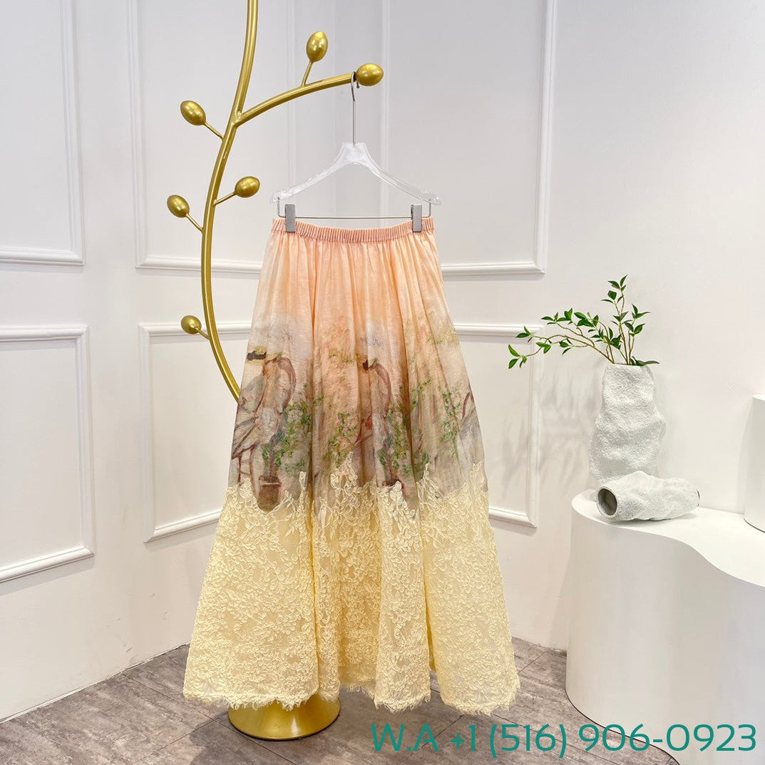 Zimmermann Beige Lace Patchwork Ruched Midi Skirt