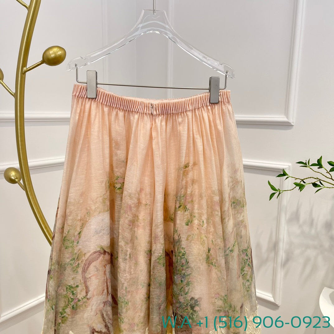 Zimmermann Beige Lace Patchwork Ruched Midi Skirt
