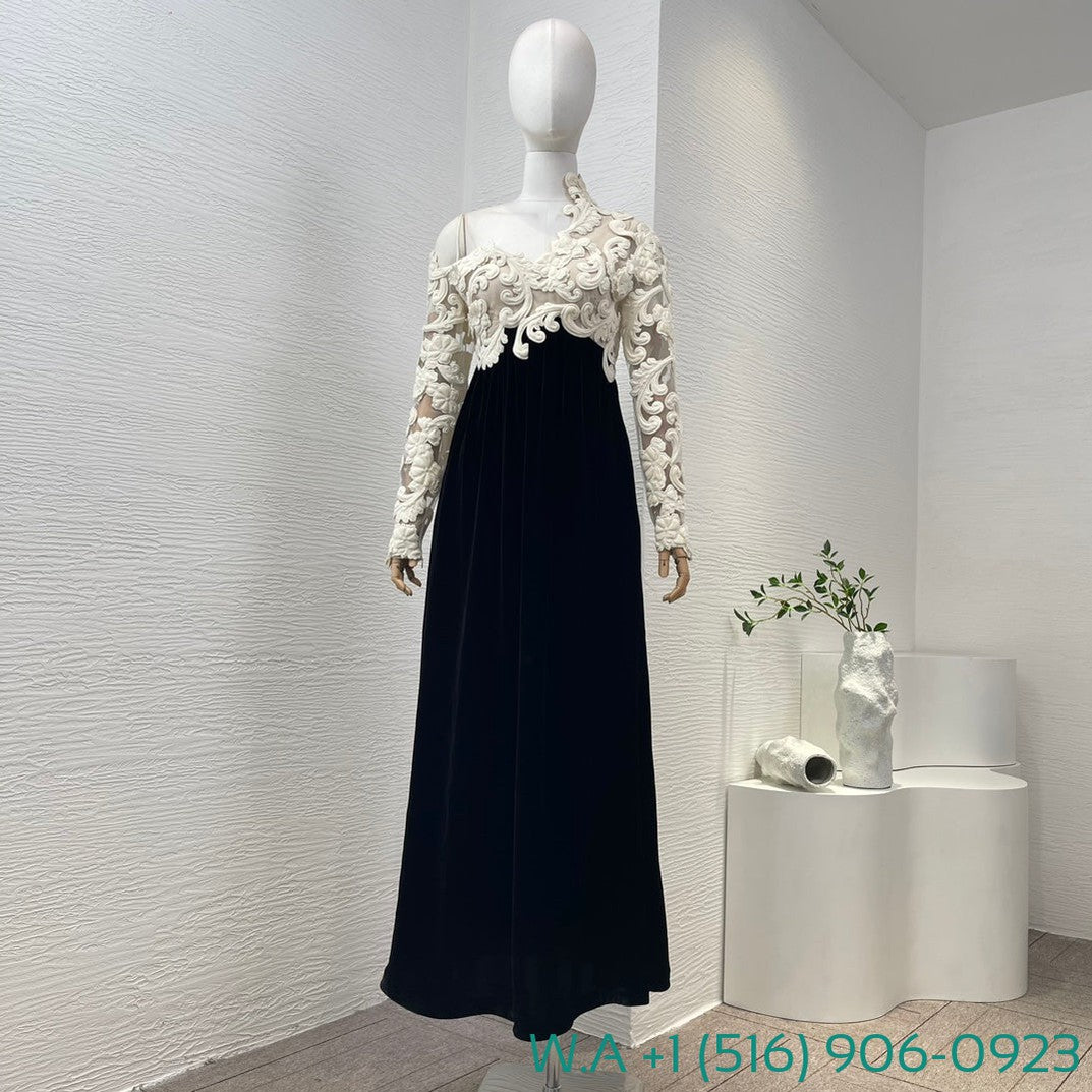 Zimmermann Lace Patchwork One Shoulder Long Sleeve Black Velvet Maxi Dress