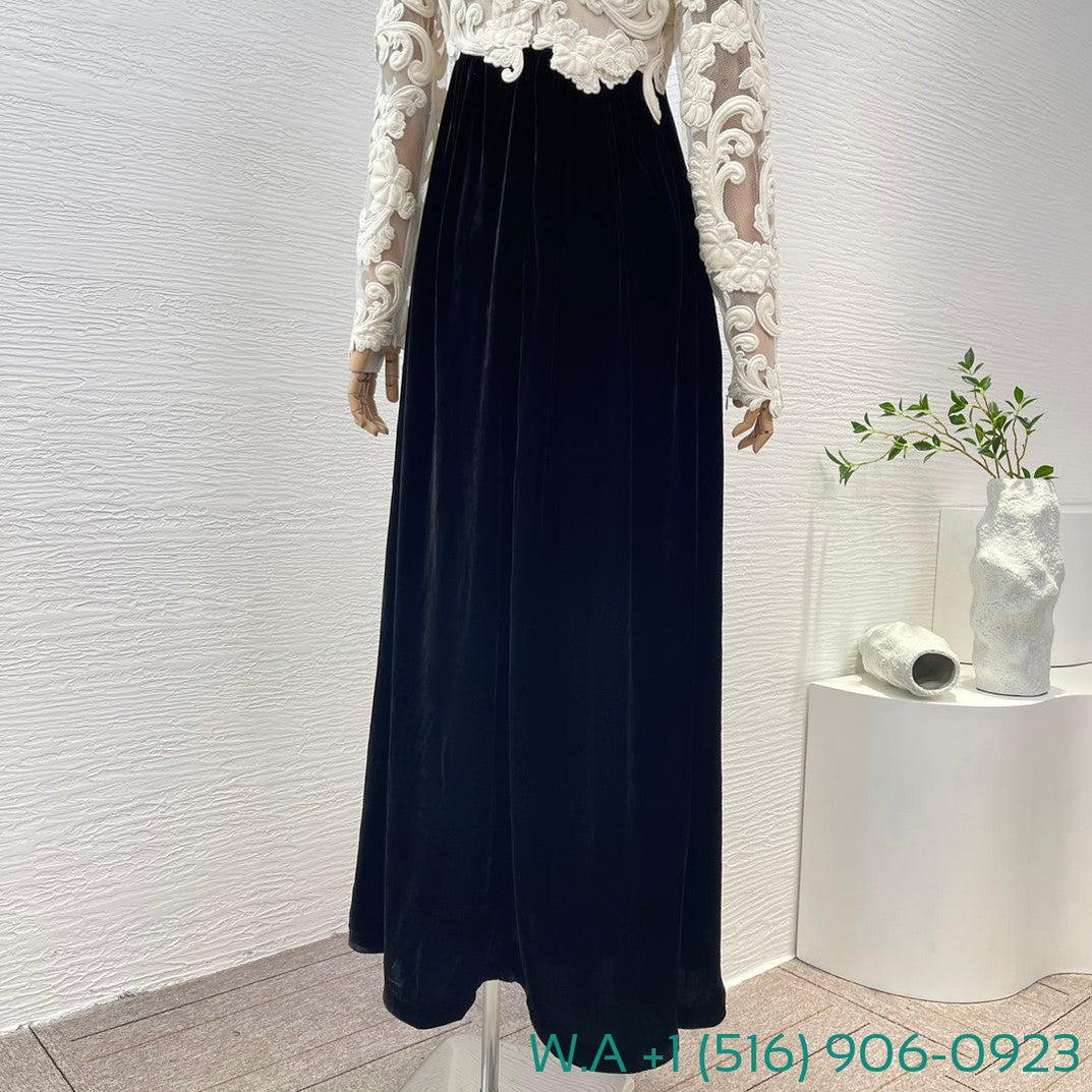 Zimmermann Lace Patchwork One Shoulder Long Sleeve Black Velvet Maxi Dress