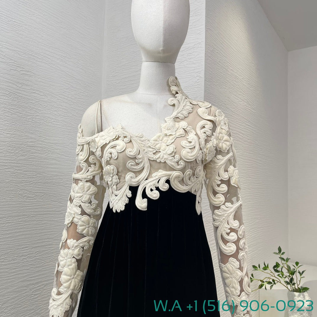 Zimmermann Lace Patchwork One Shoulder Long Sleeve Black Velvet Maxi Dress