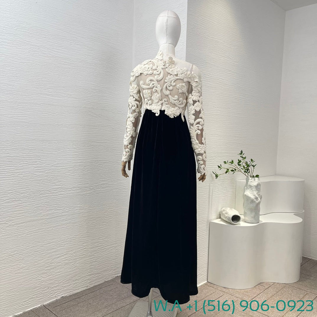 Zimmermann Lace Patchwork One Shoulder Long Sleeve Black Velvet Maxi Dress
