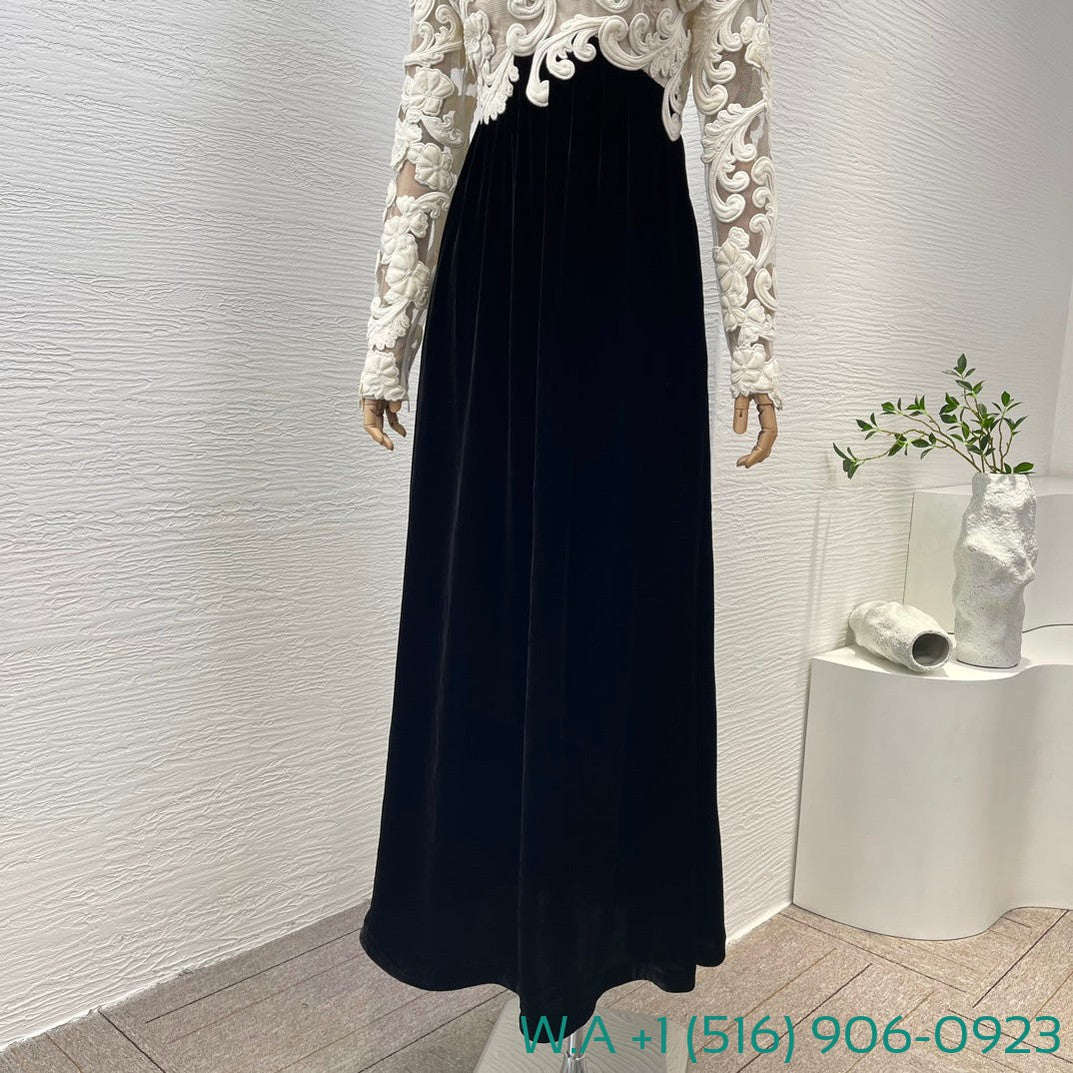 Zimmermann Lace Patchwork One Shoulder Long Sleeve Black Velvet Maxi Dress