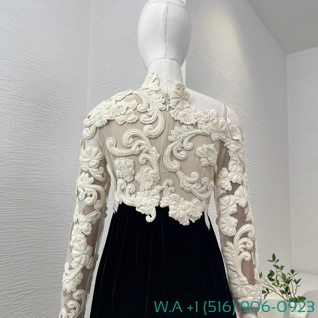 Zimmermann Lace Patchwork One Shoulder Long Sleeve Black Velvet Maxi Dress
