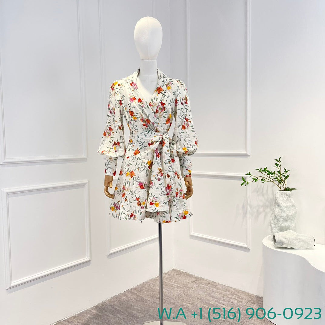 Zimmermann Floral Long Sleeve Mini Wrap Dress