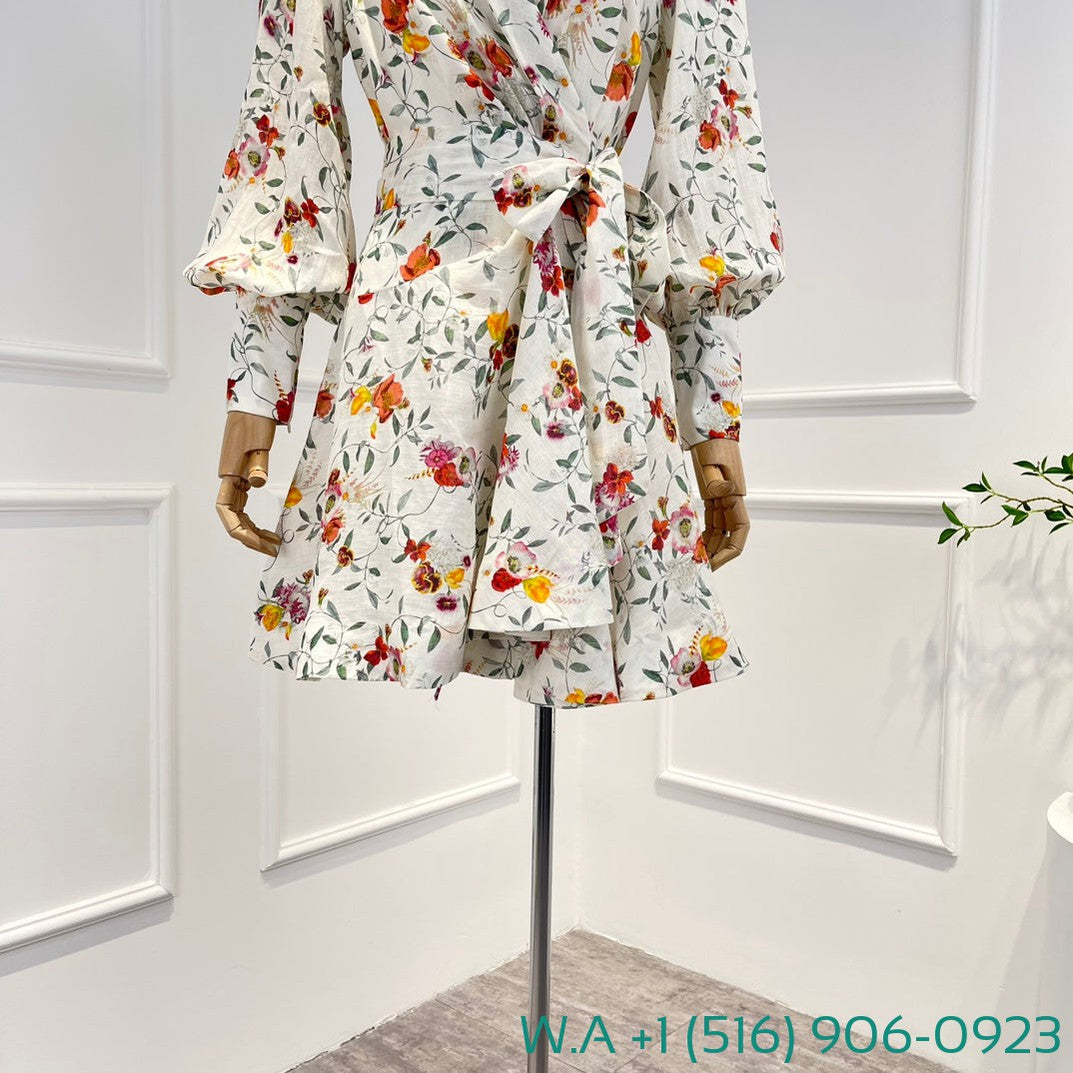 Zimmermann Floral Long Sleeve Mini Wrap Dress