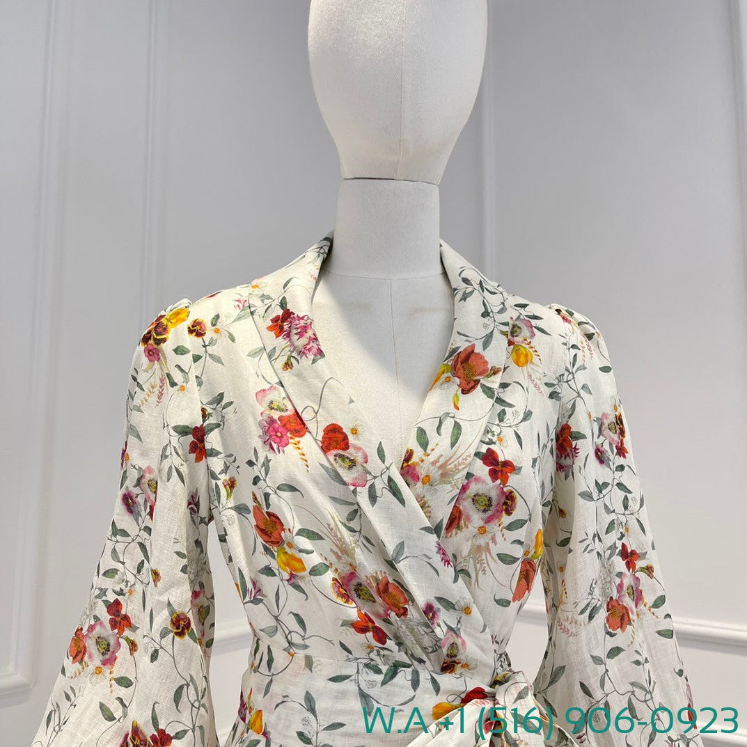 Zimmermann Floral Long Sleeve Mini Wrap Dress
