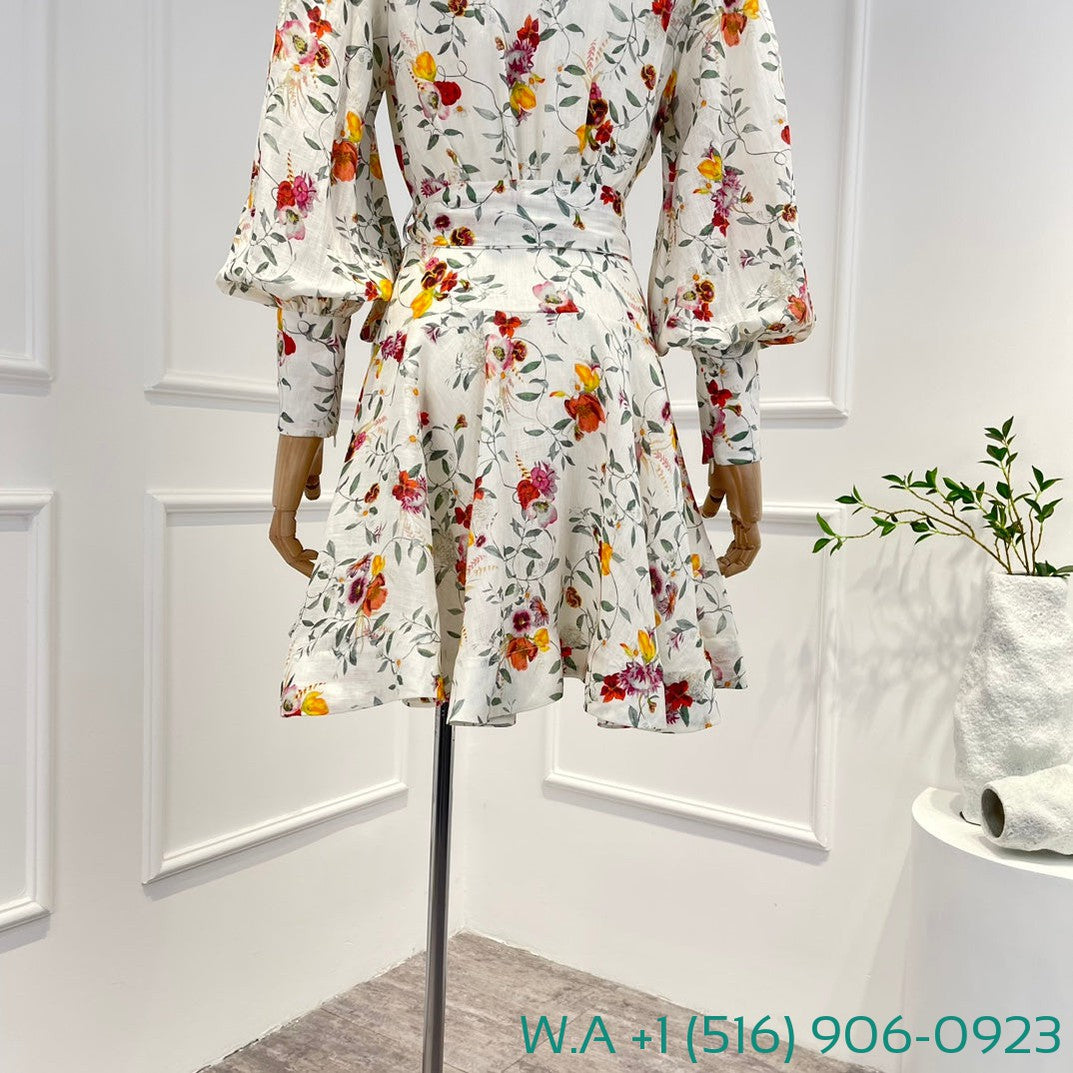 Zimmermann Floral Long Sleeve Mini Wrap Dress