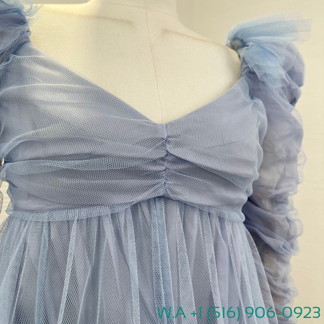 Zimmermann Blue Long Sleeve Lace Patchwork Mini Mesh Tulle Dress
