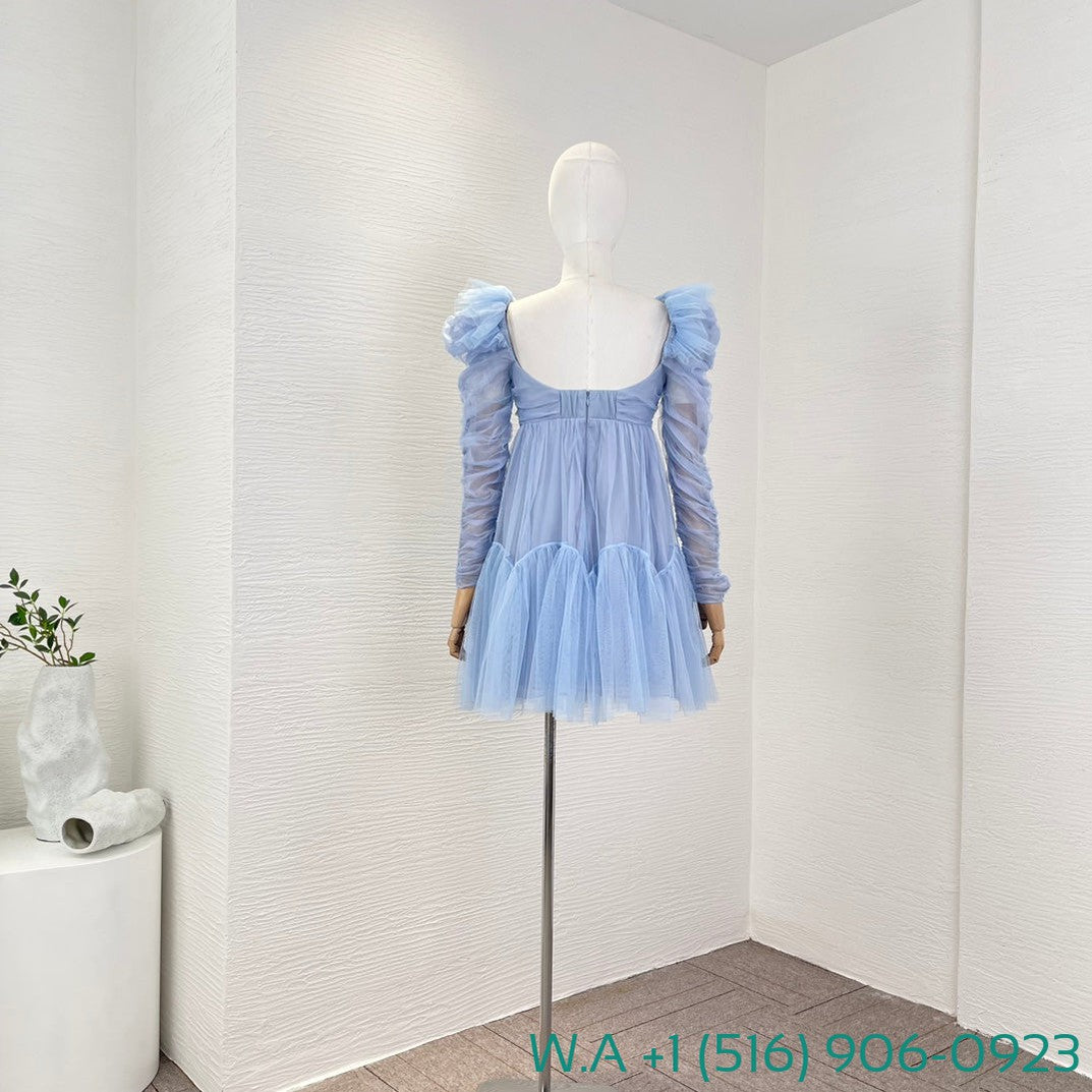 Zimmermann Blue Long Sleeve Lace Patchwork Mini Mesh Tulle Dress