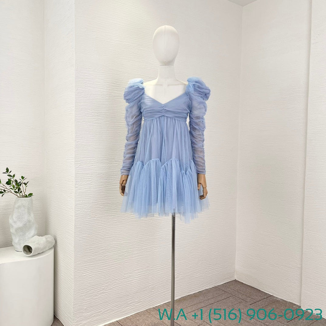 Zimmermann Blue Long Sleeve Lace Patchwork Mini Mesh Tulle Dress