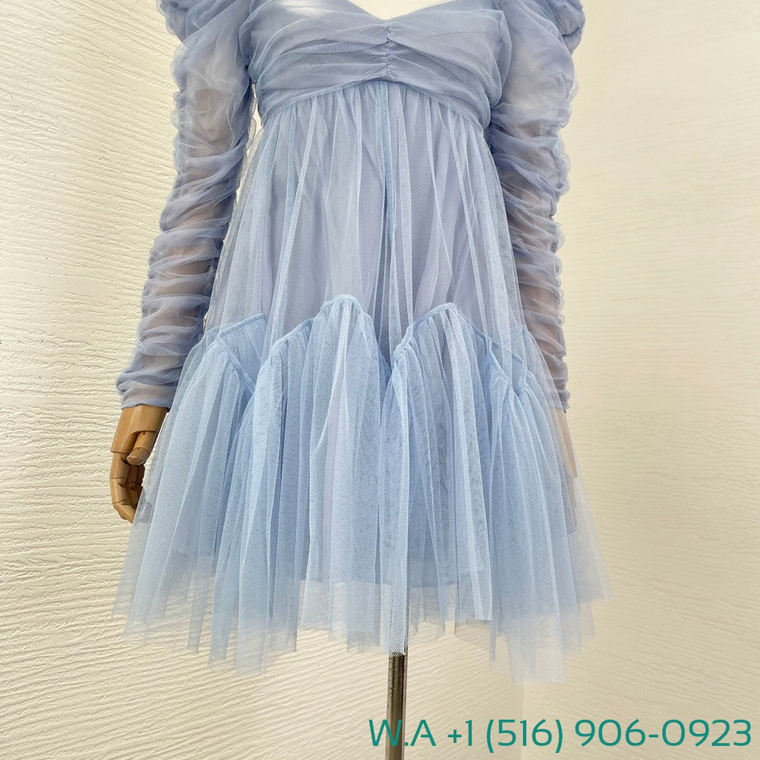 Zimmermann Blue Long Sleeve Lace Patchwork Mini Mesh Tulle Dress