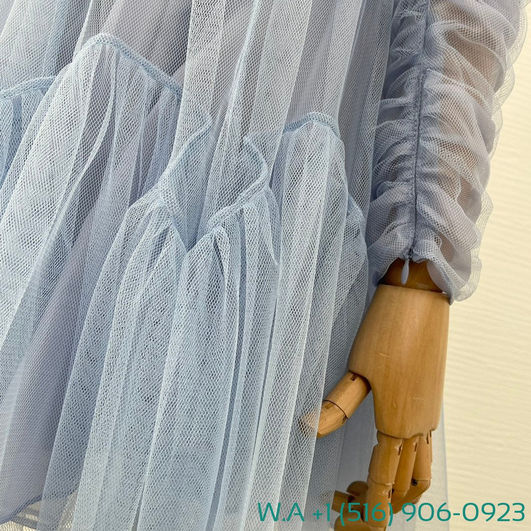 Zimmermann Blue Long Sleeve Lace Patchwork Mini Mesh Tulle Dress