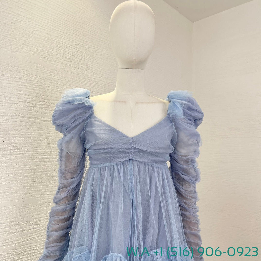 Zimmermann Blue Long Sleeve Lace Patchwork Mini Mesh Tulle Dress