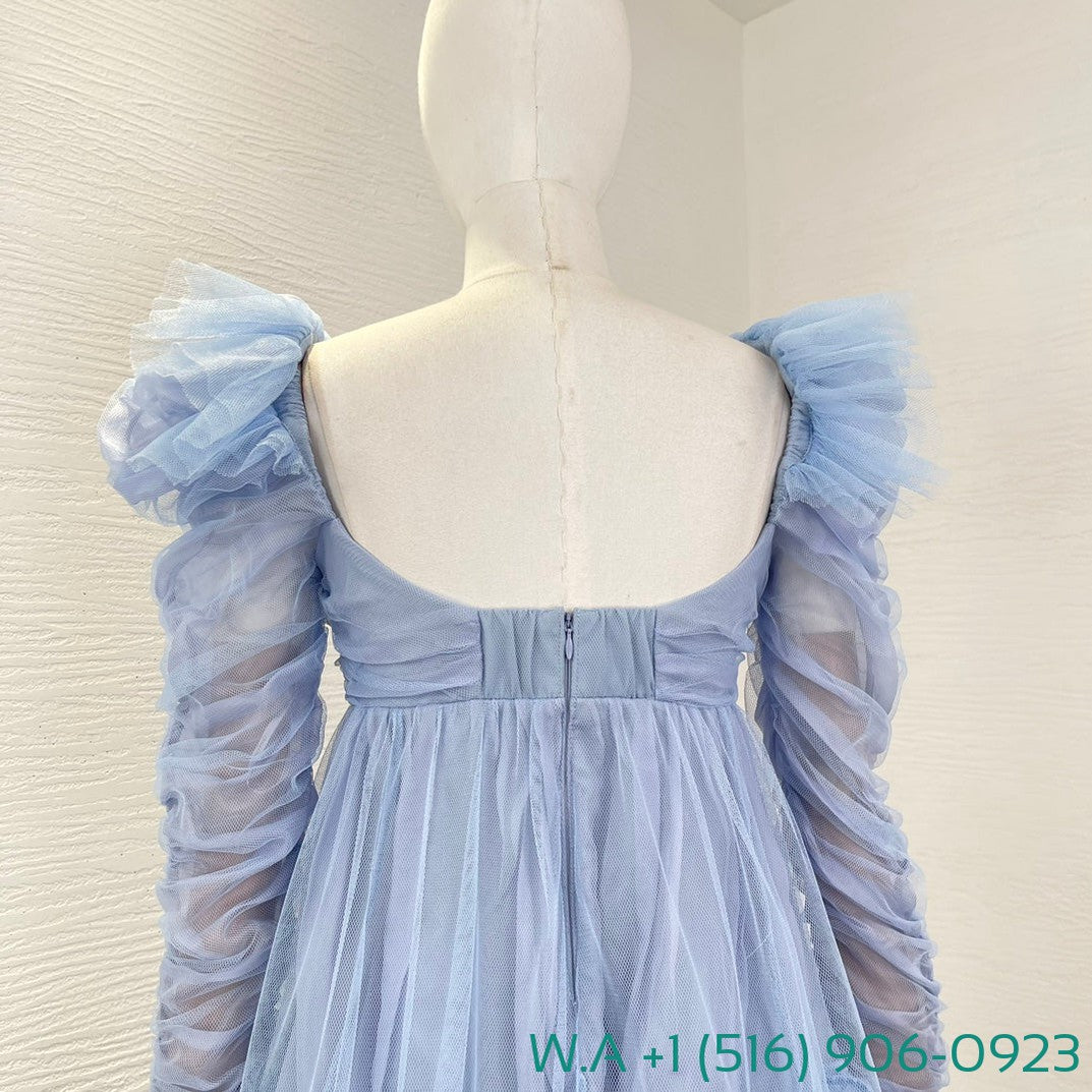 Zimmermann Blue Long Sleeve Lace Patchwork Mini Mesh Tulle Dress