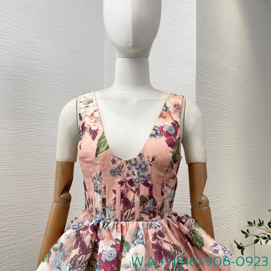 Zimmermann Pink Floral Print Sleeveless Mini Dress