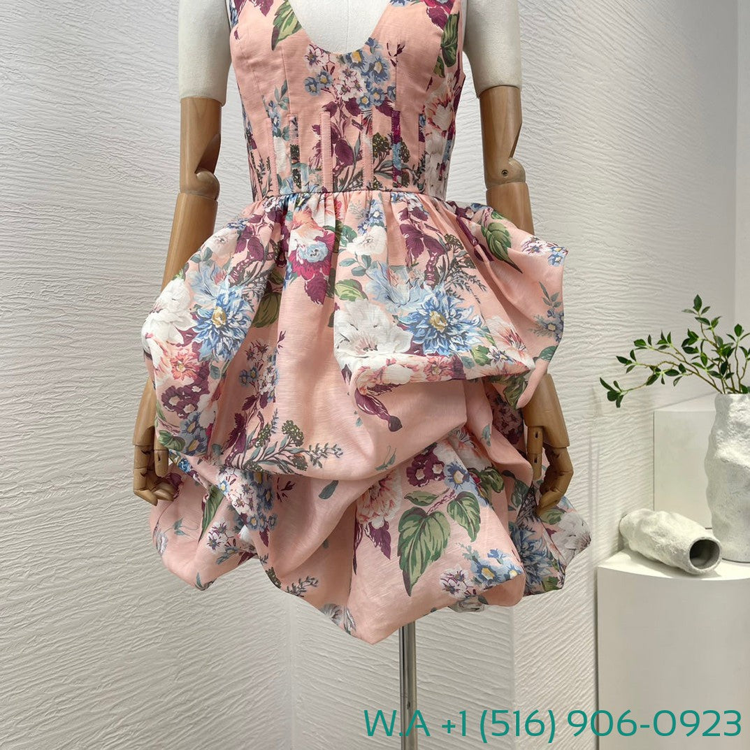 Zimmermann Pink Floral Print Sleeveless Mini Dress