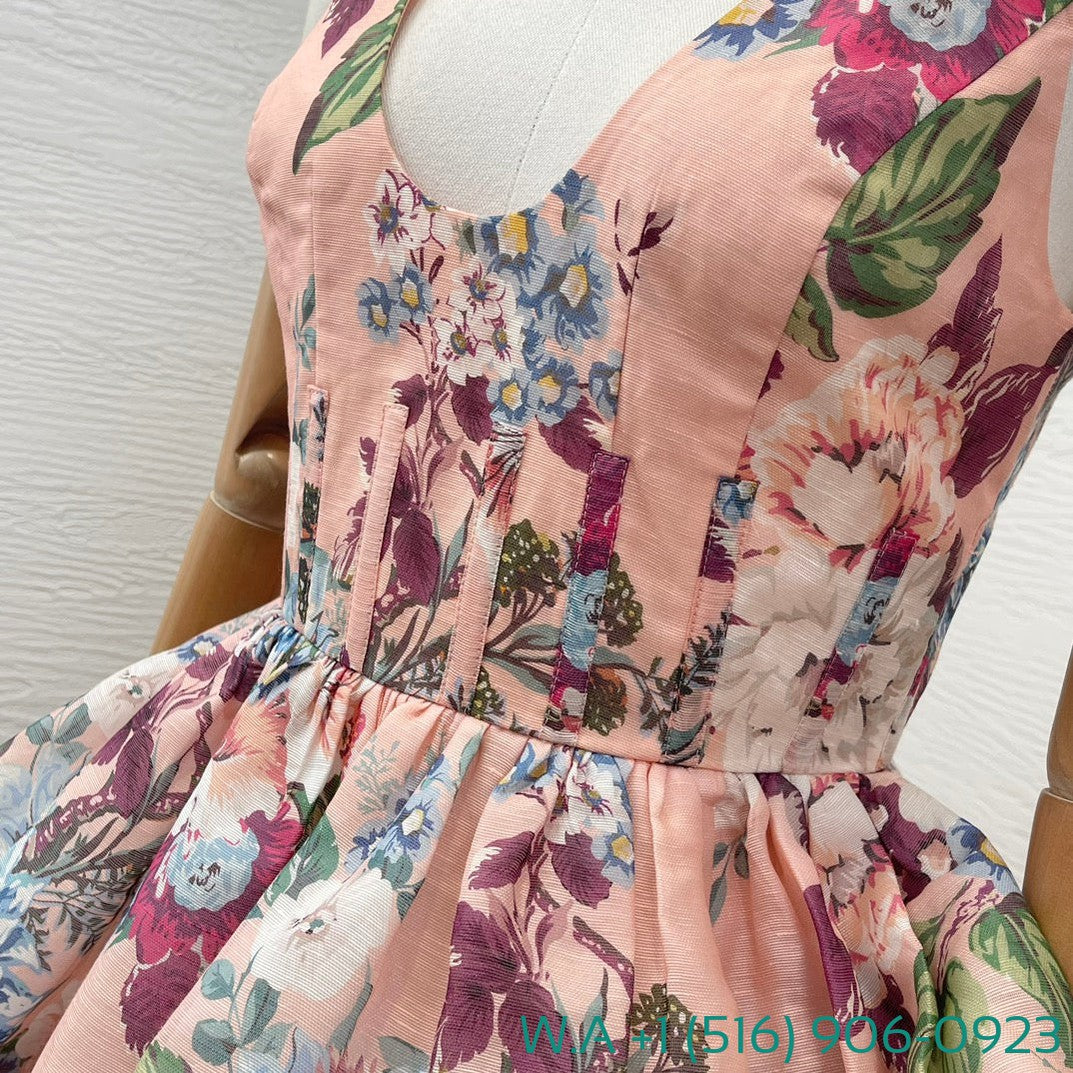 Zimmermann Pink Floral Print Sleeveless Mini Dress