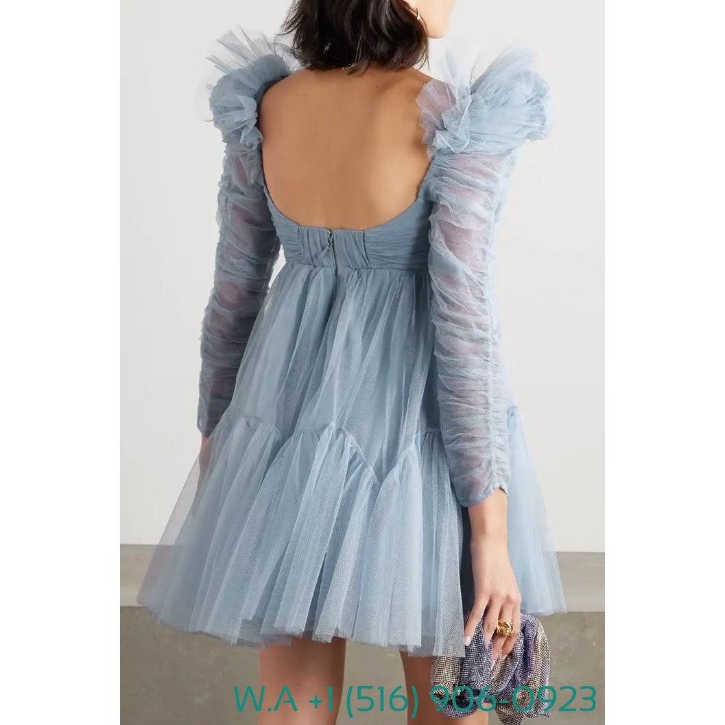 Zimmermann Blue Long Sleeve Lace Patchwork Mini Mesh Tulle Dress