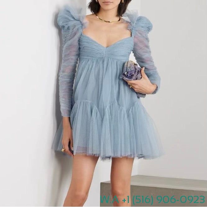 Zimmermann Blue Long Sleeve Lace Patchwork Mini Mesh Tulle Dress