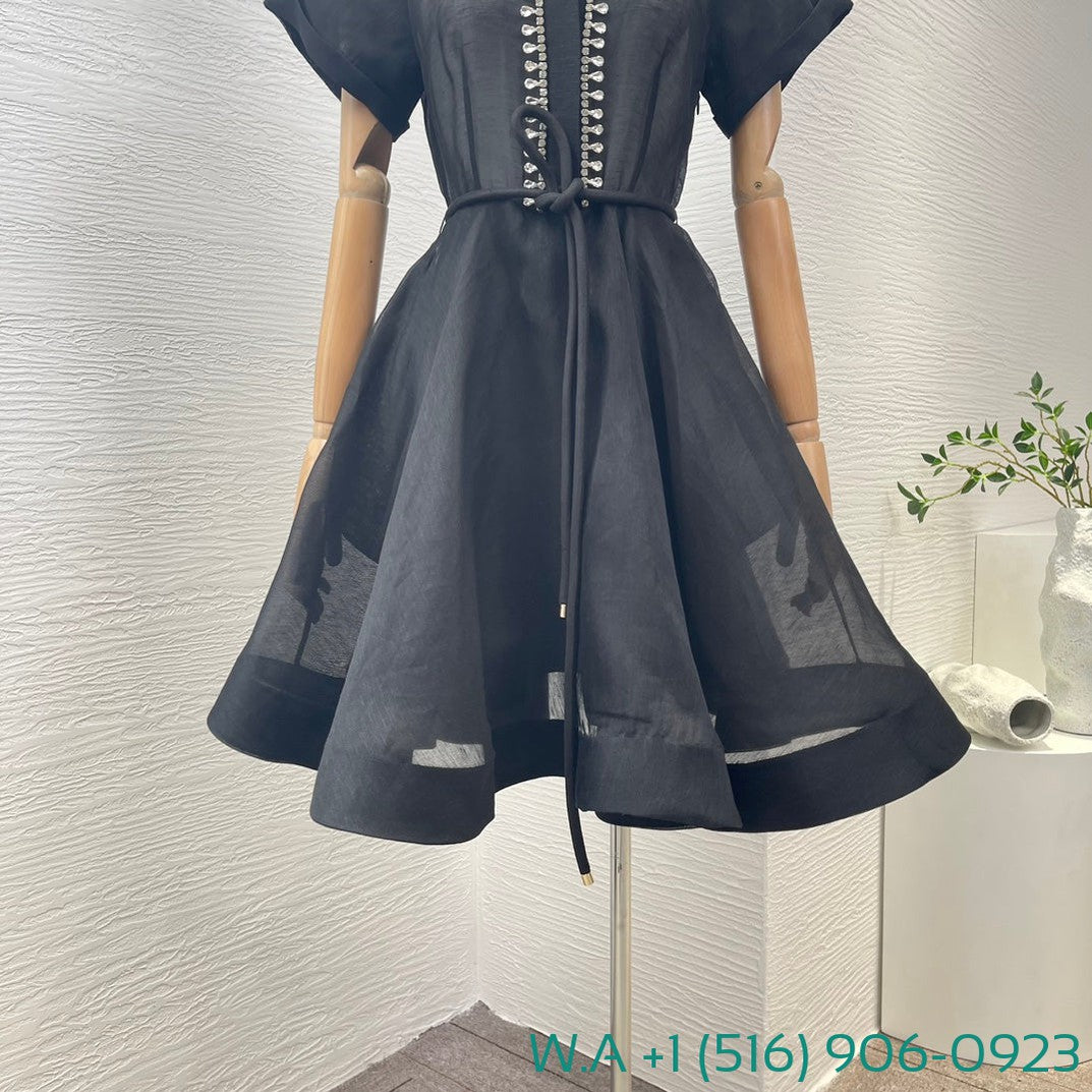 Zimmermann Black Diamonds Tassels Shower Sleeve Mini Dress