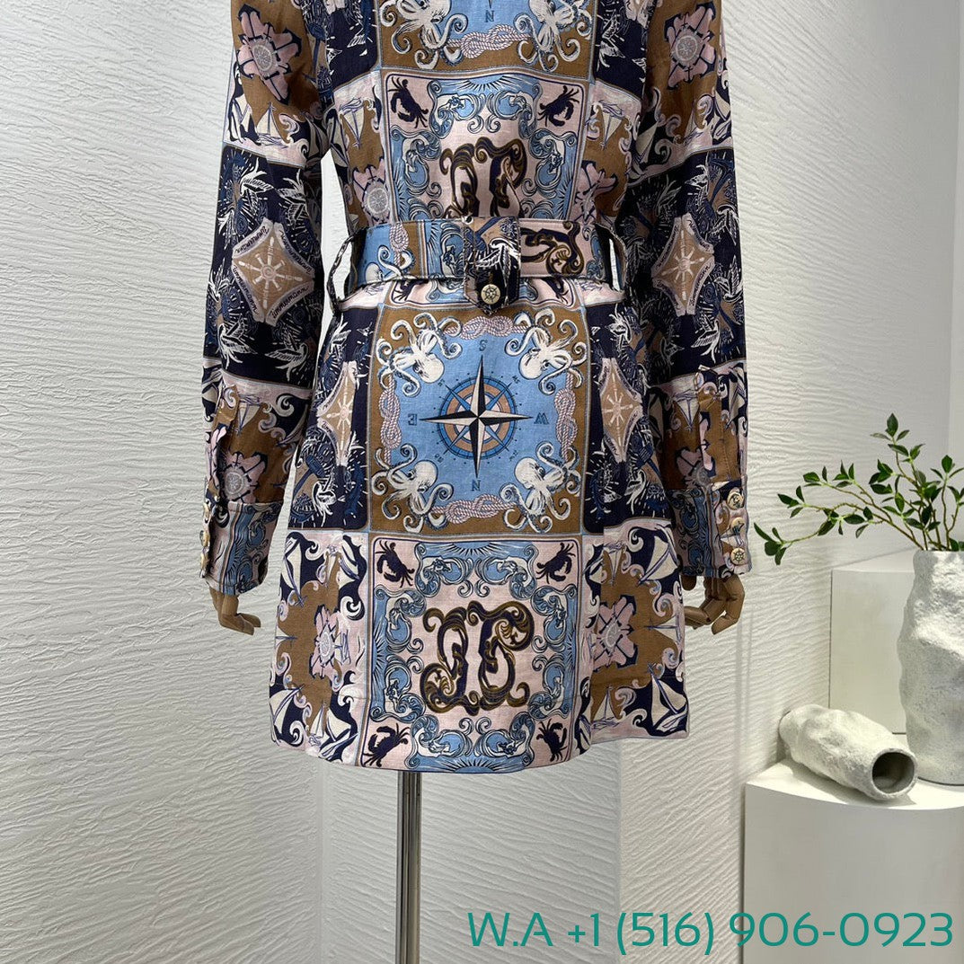 Zimmermann Blue Plaid Turn Down Collar Long Sleeve Mini Dress