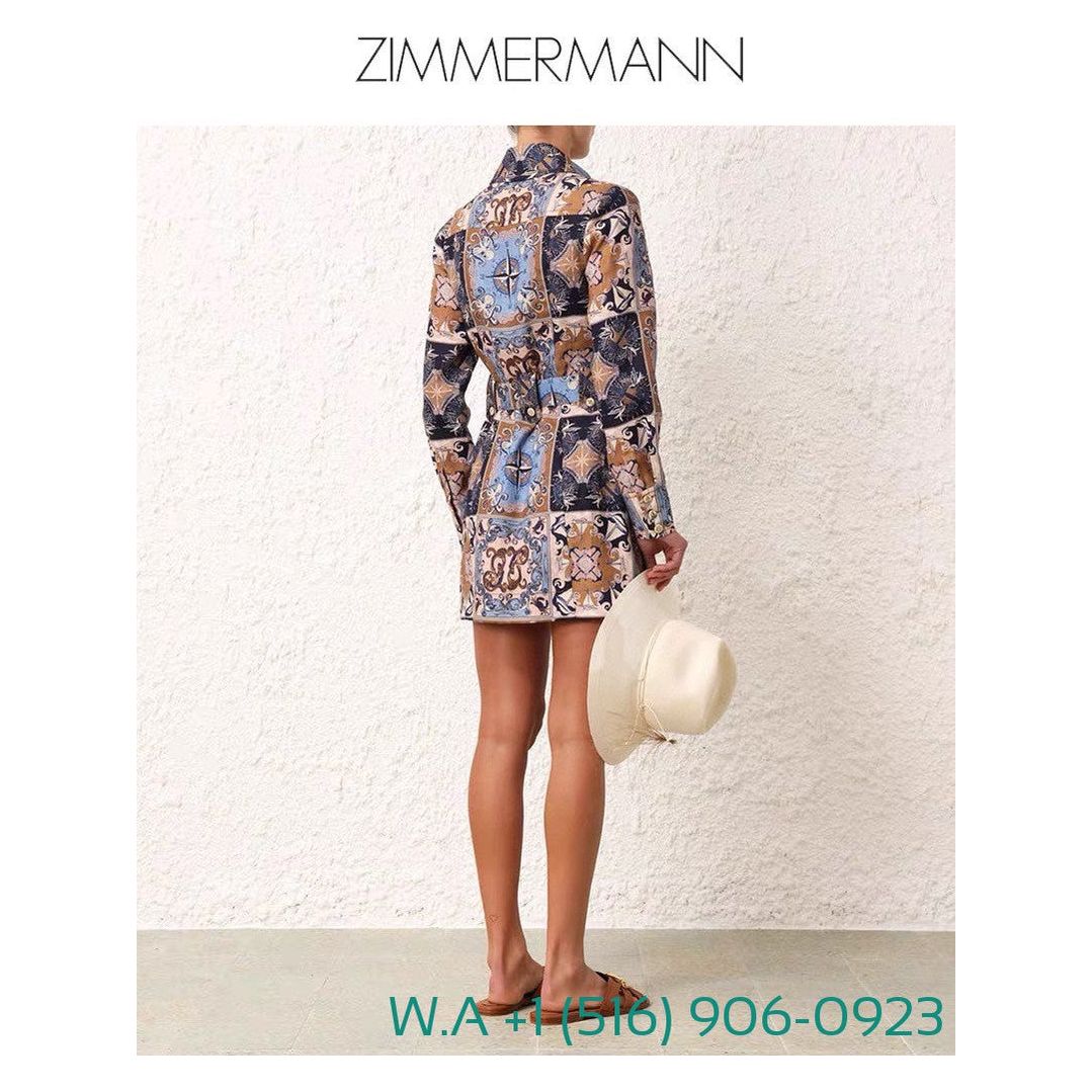 Zimmermann Blue Plaid Turn Down Collar Long Sleeve Mini Dress