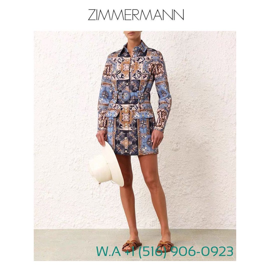 Zimmermann Blue Plaid Turn Down Collar Long Sleeve Mini Dress