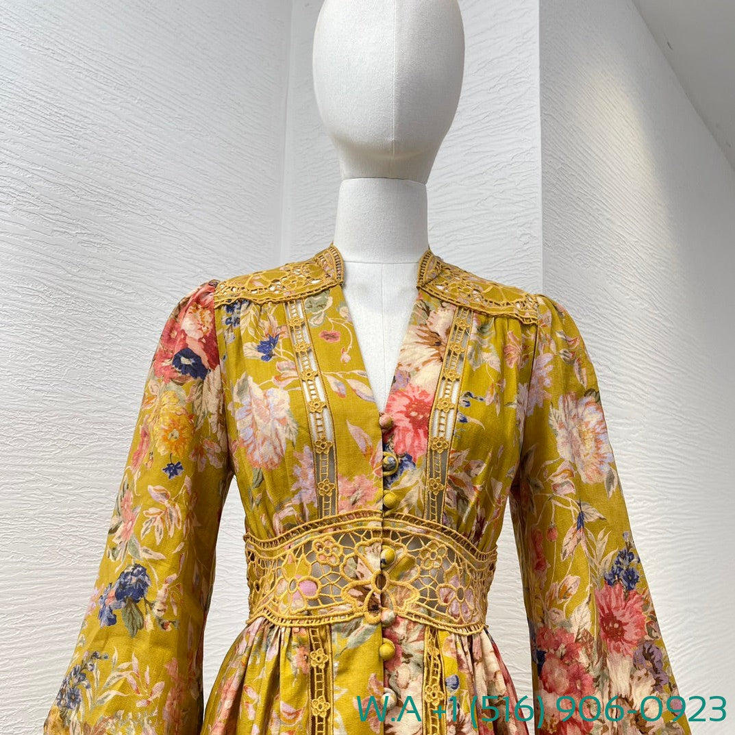 Zimmermann Mustard Floral Print Long Sleeve Mini Dress