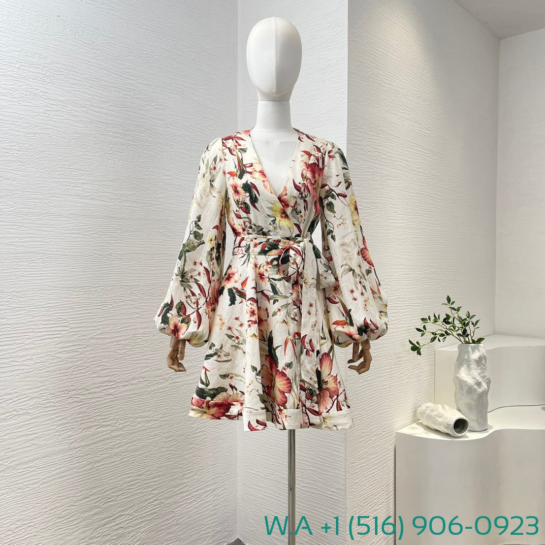 Zimmermann White Floral Print Long Sleeve Mini Wrap Dress