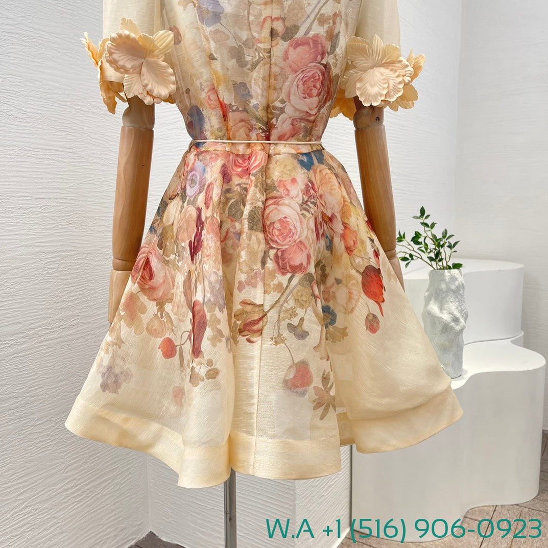 Zimmermann Beige Floral Print Flowers Appliqued Short Sleeve Mini Dress