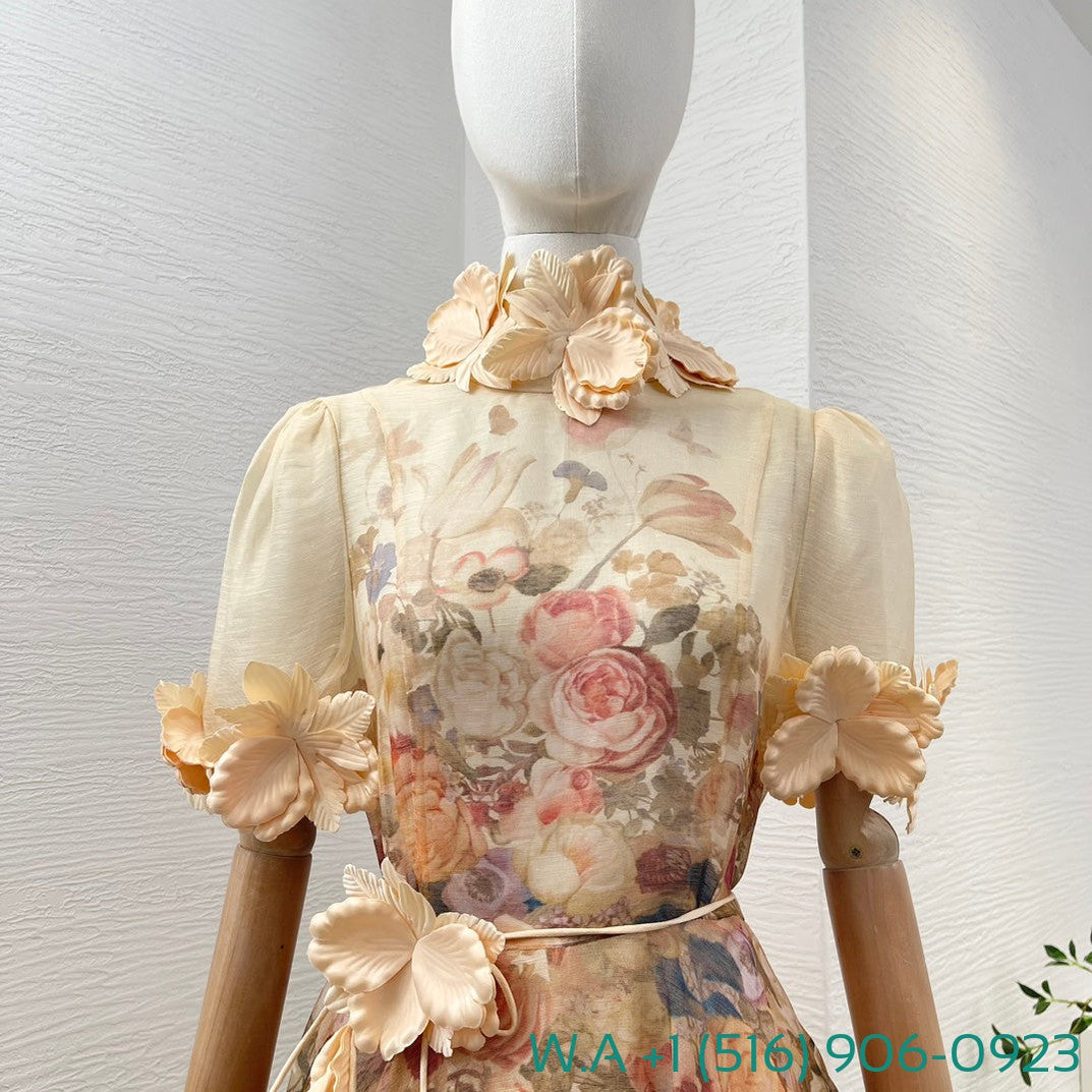 Zimmermann Beige Floral Print Flowers Appliqued Short Sleeve Mini Dress