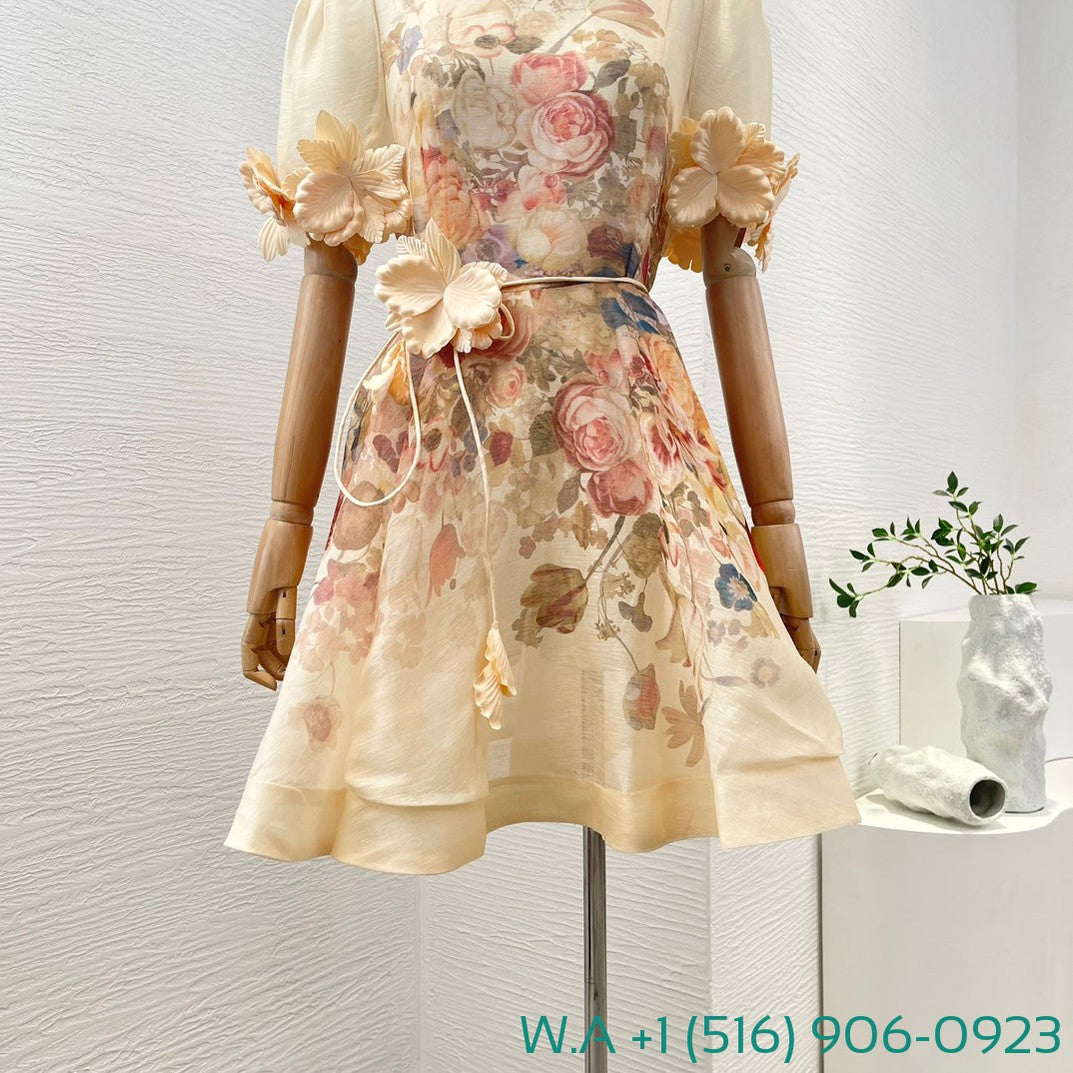 Zimmermann Beige Floral Print Flowers Appliqued Short Sleeve Mini Dress
