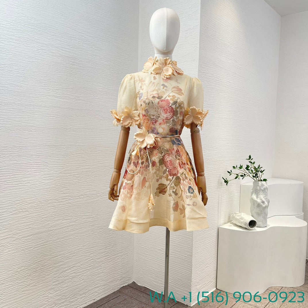 Zimmermann Beige Floral Print Flowers Appliqued Short Sleeve Mini Dress