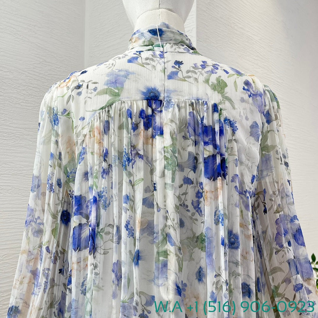 Zimmermann White Blue Floral Print Long Sleeve Stand Collar Lace Up Bow Blouse Tops