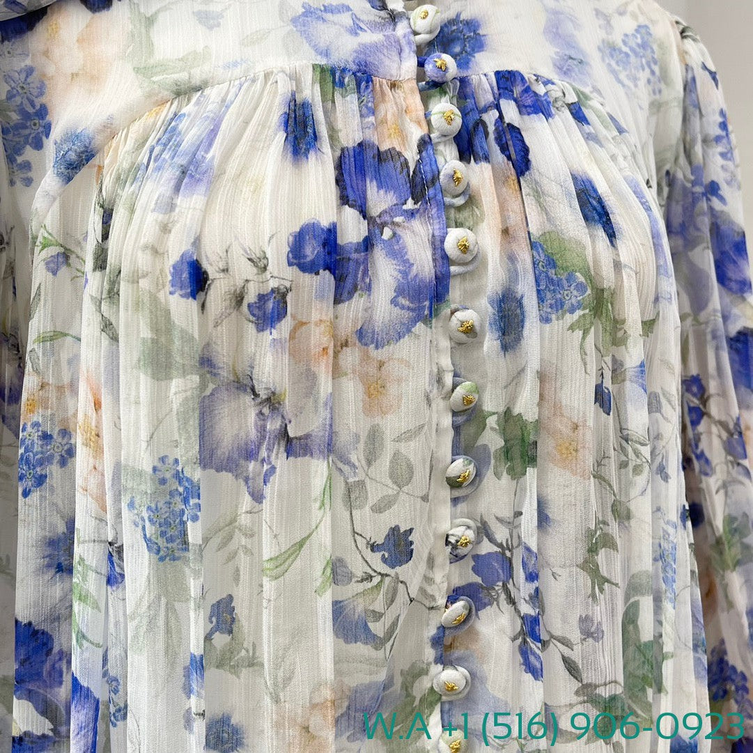 Zimmermann White Blue Floral Print Long Sleeve Stand Collar Lace Up Bow Blouse Tops