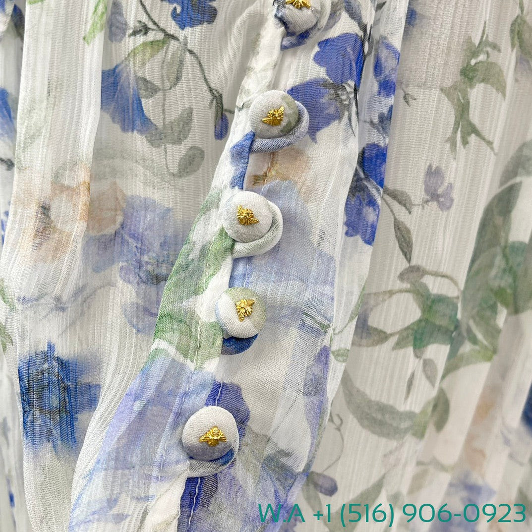 Zimmermann White Blue Floral Print Long Sleeve Stand Collar Lace Up Bow Blouse Tops