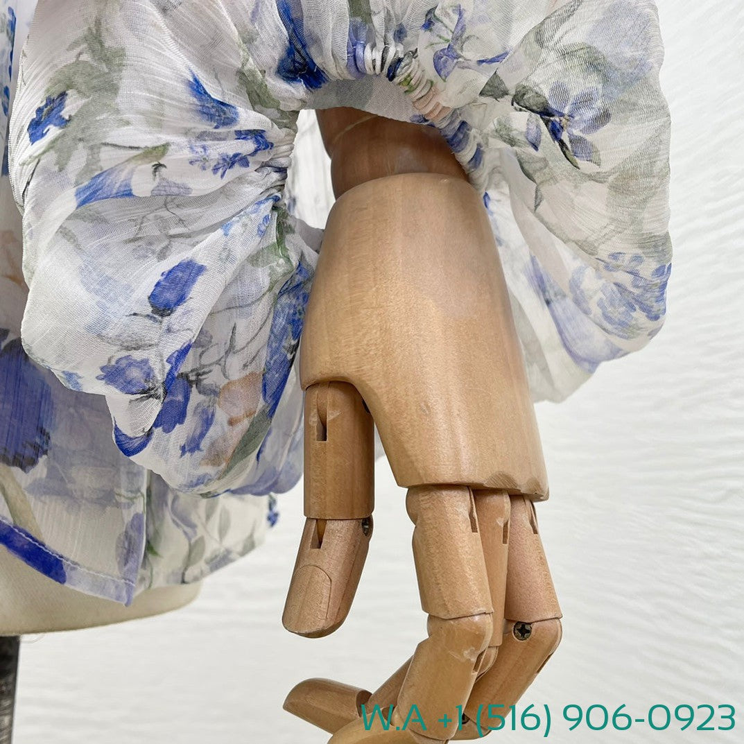 Zimmermann White Blue Floral Print Long Sleeve Stand Collar Lace Up Bow Blouse Tops