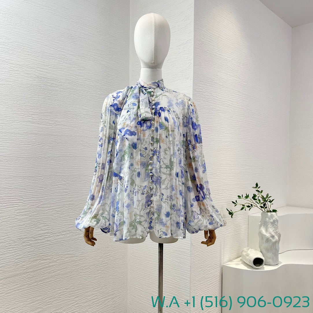Zimmermann White Blue Floral Print Long Sleeve Stand Collar Lace Up Bow Blouse Tops