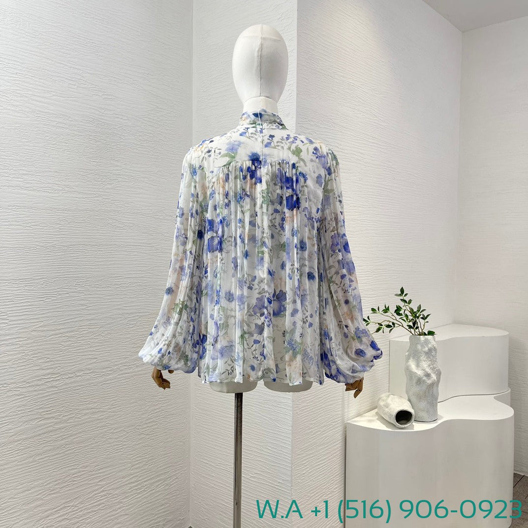 Zimmermann White Blue Floral Print Long Sleeve Stand Collar Lace Up Bow Blouse Tops