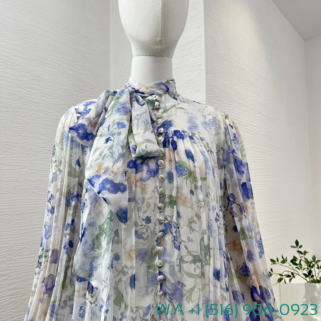 Zimmermann White Blue Floral Print Long Sleeve Stand Collar Lace Up Bow Blouse Tops