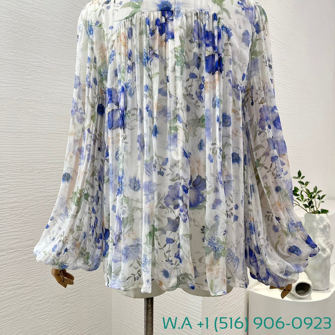 Zimmermann White Blue Floral Print Long Sleeve Stand Collar Lace Up Bow Blouse Tops