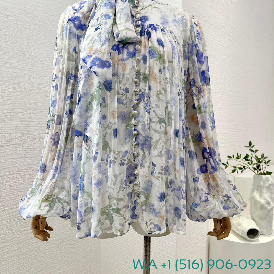 Zimmermann White Blue Floral Print Long Sleeve Stand Collar Lace Up Bow Blouse Tops