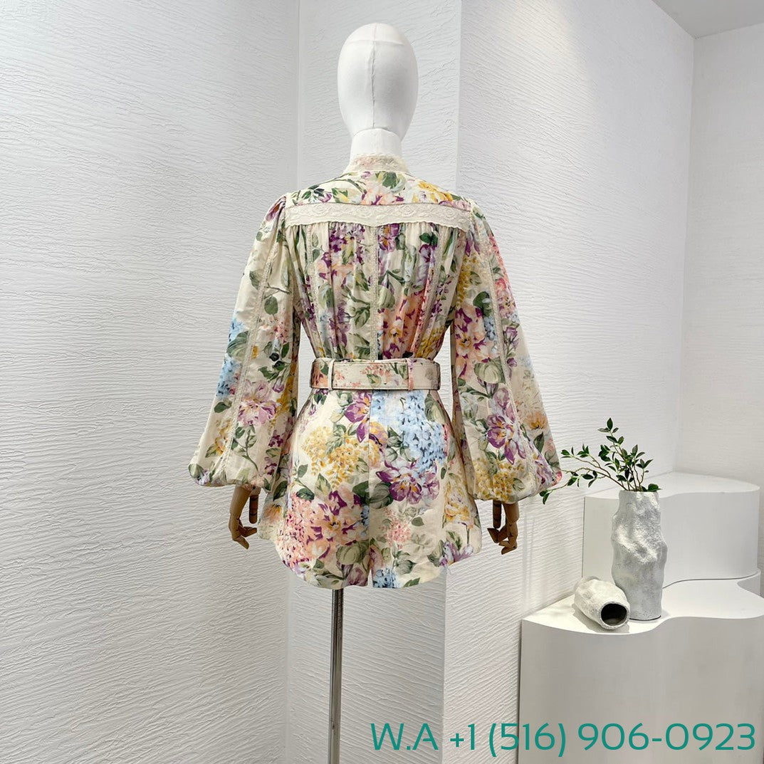 Zimmermann Flower Print Floral Print Long Sleeve Lace Patchwork Blouse Tops And Shorts Set