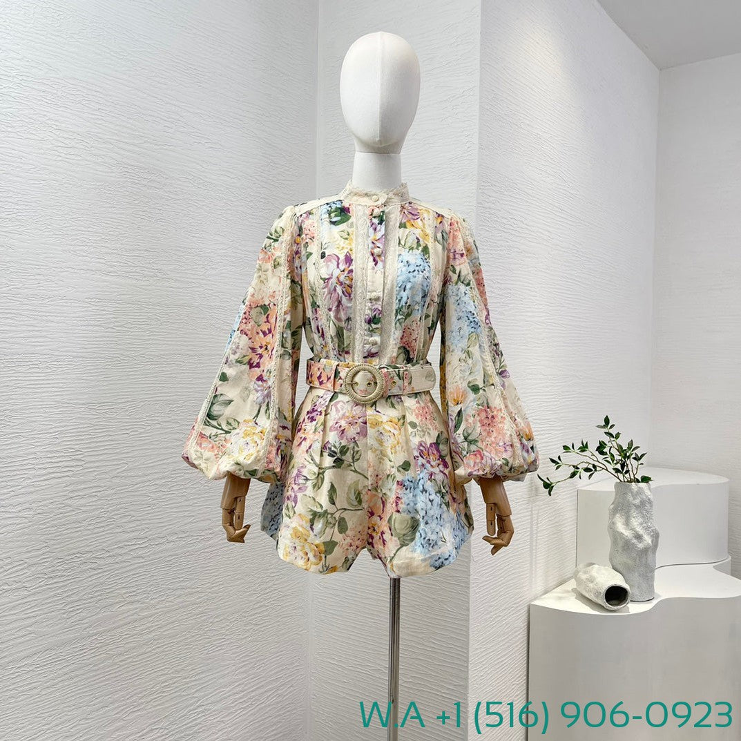 Zimmermann Flower Print Floral Print Long Sleeve Lace Patchwork Blouse Tops And Shorts Set