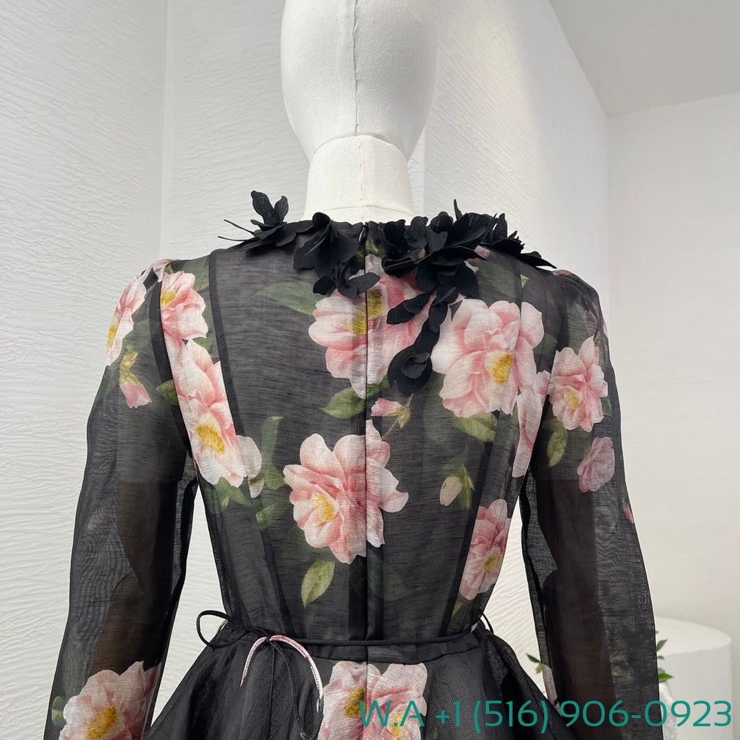 Zimmermann Black Camellia Flower Print Long Sleeve Three-Dimensional Small Flower Decoration Mini Dress